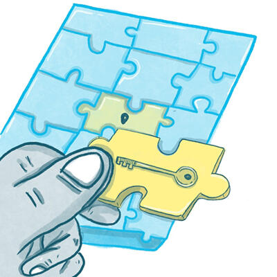 A hand holds a puzzle piece and is about to place it in the last empty spot, completing the puzzle.