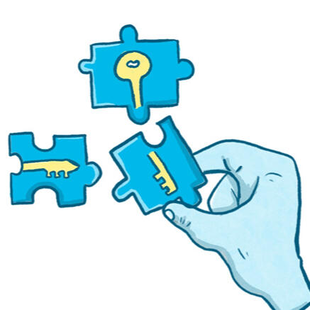 A hand is assembling different puzzle pieces in order to reveal the image of a key.