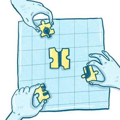 Several hands are busy grabbing puzzle pieces in order to complete one collective puzzle. The puzzle displays a key.